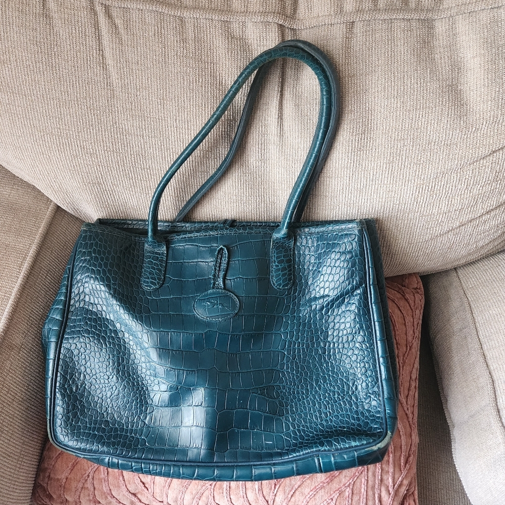 Longchamp Teal Croc-Embossed Leather Tote